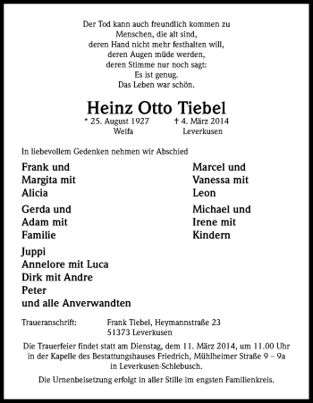 Anzeige von Heinz Otto Tiebel von Kölner Stadt-Anzeiger / Kölnische Rundschau / Express