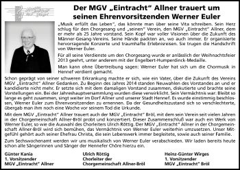Anzeige von Werner Euler von Kölner Stadt-Anzeiger / Kölnische Rundschau / Express