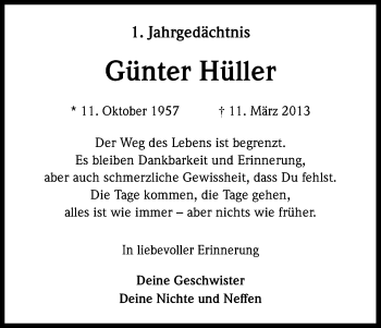 Anzeige von Günter Hüller von Kölner Stadt-Anzeiger / Kölnische Rundschau / Express