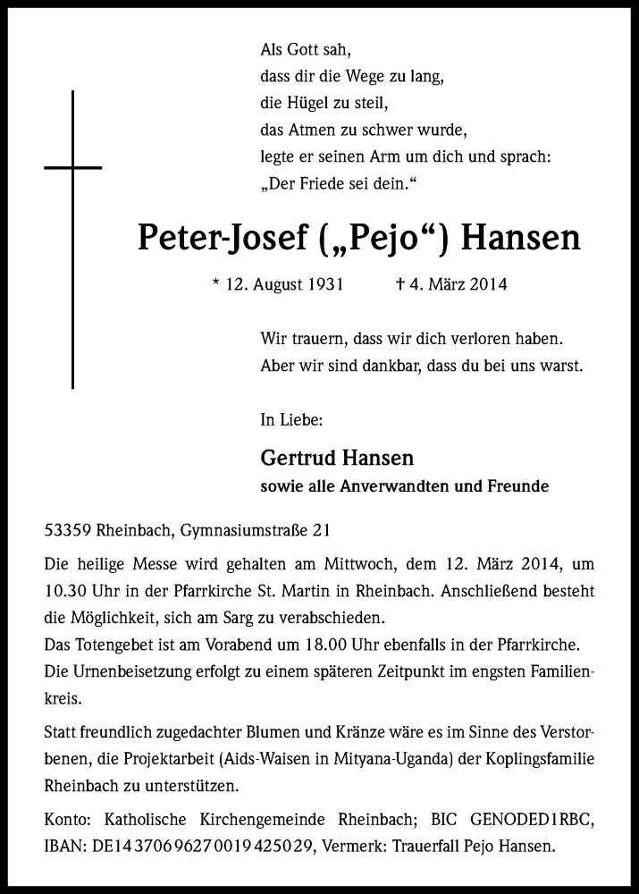  Traueranzeige für Peter-Josef Hansen vom 08.03.2014 aus Kölner Stadt-Anzeiger / Kölnische Rundschau / Express
