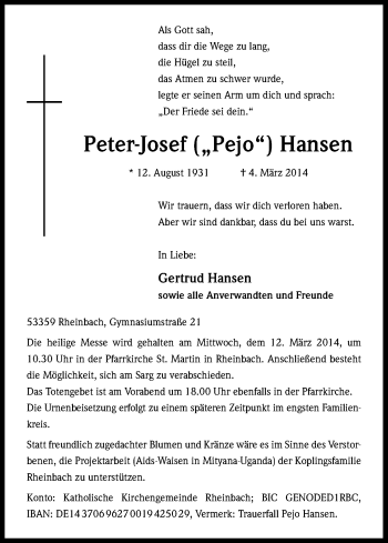 Anzeige von Peter-Josef Hansen von Kölner Stadt-Anzeiger / Kölnische Rundschau / Express