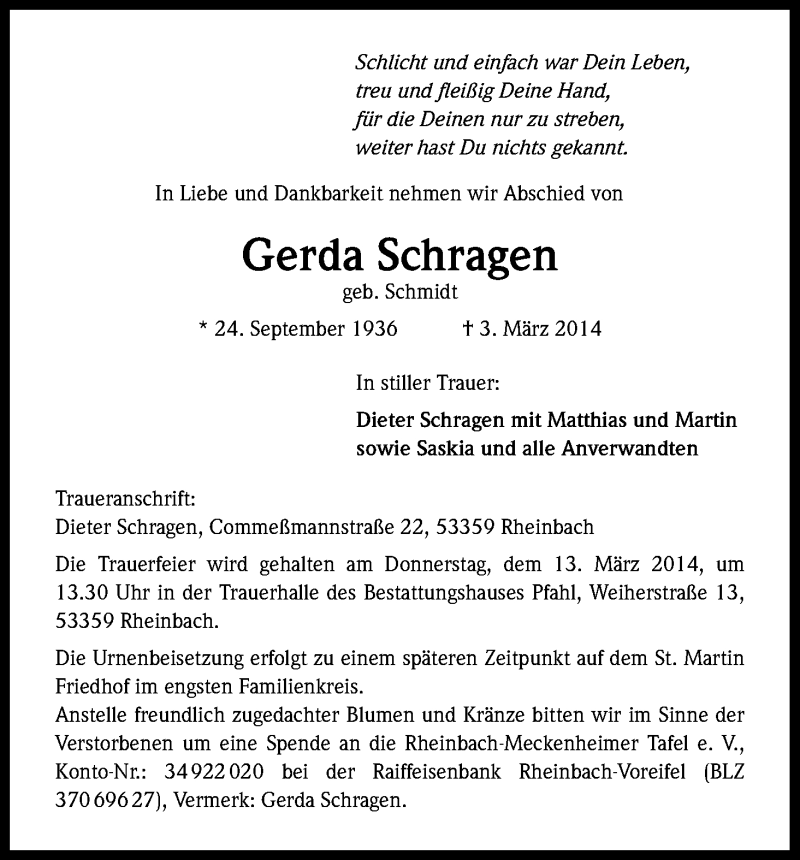  Traueranzeige für Gerda Schragen vom 08.03.2014 aus Kölner Stadt-Anzeiger / Kölnische Rundschau / Express