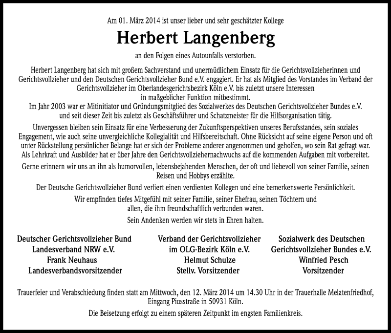  Traueranzeige für Herbert Langenberg vom 08.03.2014 aus Kölner Stadt-Anzeiger / Kölnische Rundschau / Express