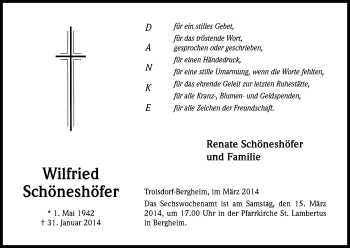 Anzeige von Wilfried Schöneshöfer von Kölner Stadt-Anzeiger / Kölnische Rundschau / Express
