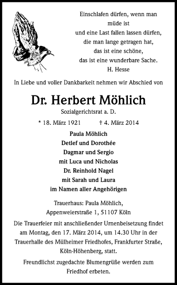 Anzeige von Herbert Möhlich von Kölner Stadt-Anzeiger / Kölnische Rundschau / Express