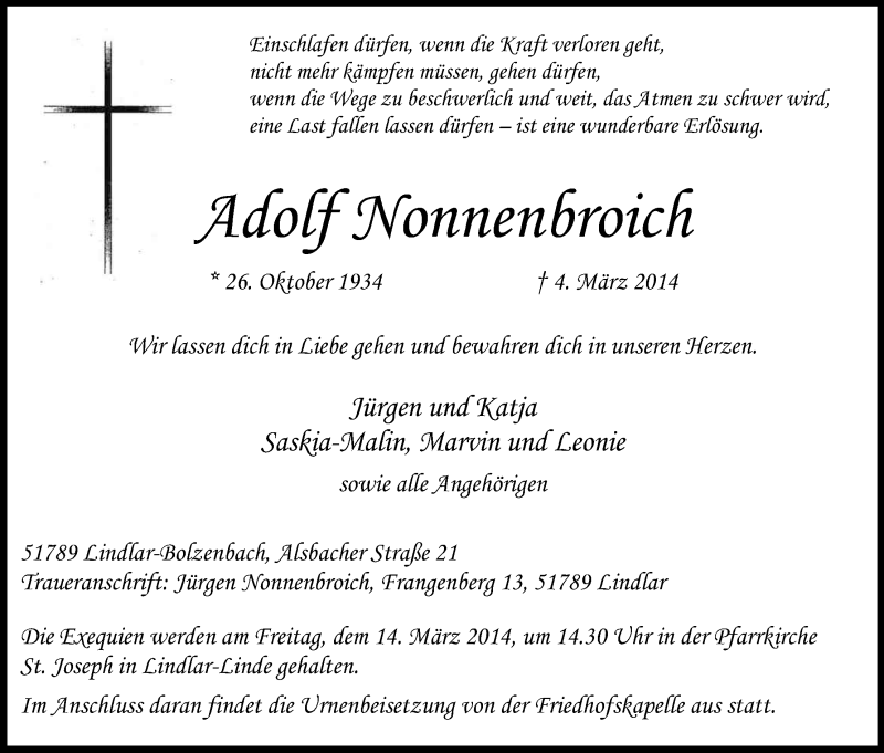  Traueranzeige für Adolf Nonnenbroich vom 08.03.2014 aus Kölner Stadt-Anzeiger / Kölnische Rundschau / Express