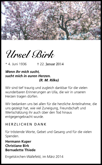 Anzeige von Ursel Birk von Kölner Stadt-Anzeiger / Kölnische Rundschau / Express