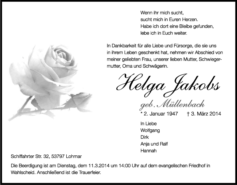  Traueranzeige für Helga Jakobs vom 08.03.2014 aus Kölner Stadt-Anzeiger / Kölnische Rundschau / Express