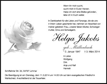 Anzeige von Helga Jakobs von Kölner Stadt-Anzeiger / Kölnische Rundschau / Express