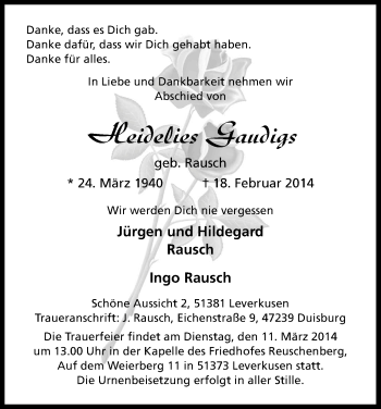 Anzeige von Heidelies Gaudigs von Kölner Stadt-Anzeiger / Kölnische Rundschau / Express
