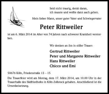 Anzeige von Peter Rittweiler von Kölner Stadt-Anzeiger / Kölnische Rundschau / Express