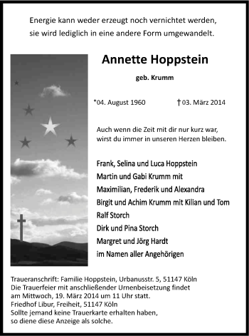 Anzeige von Annette Hoppstein von Kölner Stadt-Anzeiger / Kölnische Rundschau / Express