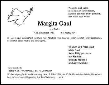 Anzeige von Margita Gaul von Kölner Stadt-Anzeiger / Kölnische Rundschau / Express