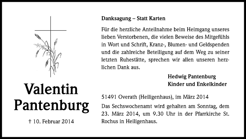  Traueranzeige für Valentin Pantenburg vom 08.03.2014 aus Kölner Stadt-Anzeiger / Kölnische Rundschau / Express