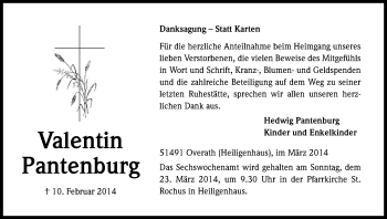 Anzeige von Valentin Pantenburg von Kölner Stadt-Anzeiger / Kölnische Rundschau / Express