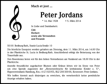 Anzeige von Peter Jordans von Kölner Stadt-Anzeiger / Kölnische Rundschau / Express