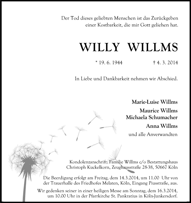 Traueranzeige für Willy Willms vom 11.03.2014 aus Kölner Stadt-Anzeiger / Kölnische Rundschau / Express