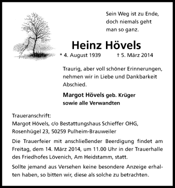 Anzeige von Heinz Hövels von Kölner Stadt-Anzeiger / Kölnische Rundschau / Express