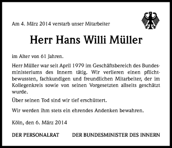 Anzeige von Hans Willi Müller von Kölner Stadt-Anzeiger / Kölnische Rundschau / Express