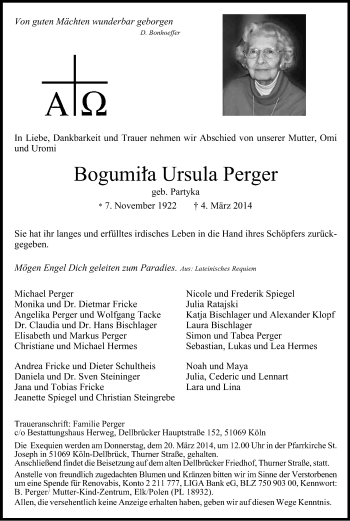 Anzeige von Bogumila Ursula Perger von Kölner Stadt-Anzeiger / Kölnische Rundschau / Express