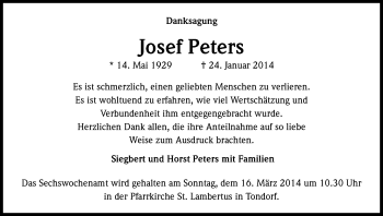 Anzeige von Josef Peters von Kölner Stadt-Anzeiger / Kölnische Rundschau / Express
