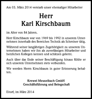 Anzeige von Karl Kirschbaum von Kölner Stadt-Anzeiger / Kölnische Rundschau / Express