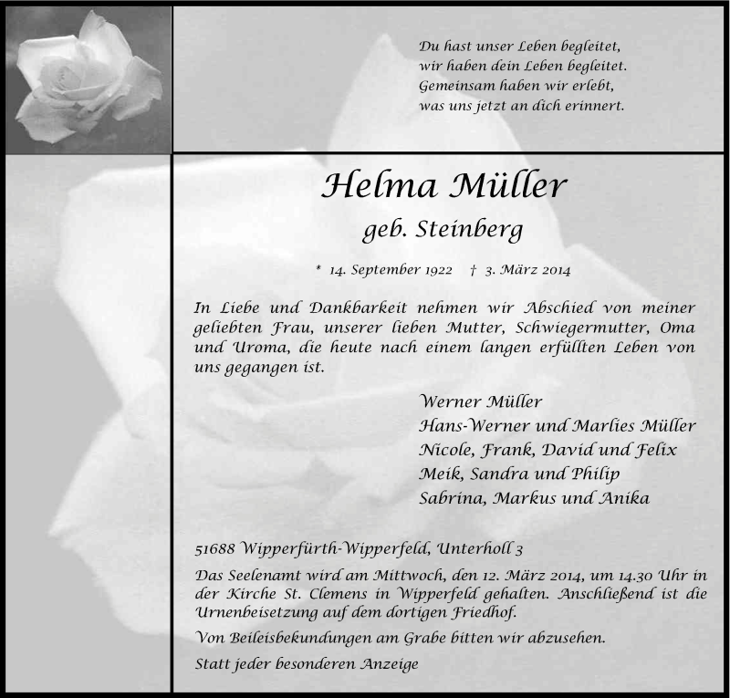  Traueranzeige für Helma Müller vom 08.03.2014 aus Kölner Stadt-Anzeiger / Kölnische Rundschau / Express