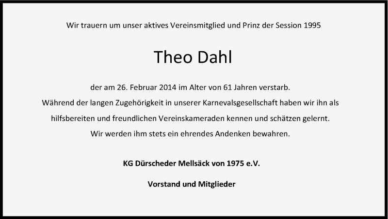  Traueranzeige für Theo Dahl vom 08.03.2014 aus Kölner Stadt-Anzeiger / Kölnische Rundschau / Express