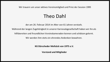 Anzeige von Theo Dahl von Kölner Stadt-Anzeiger / Kölnische Rundschau / Express
