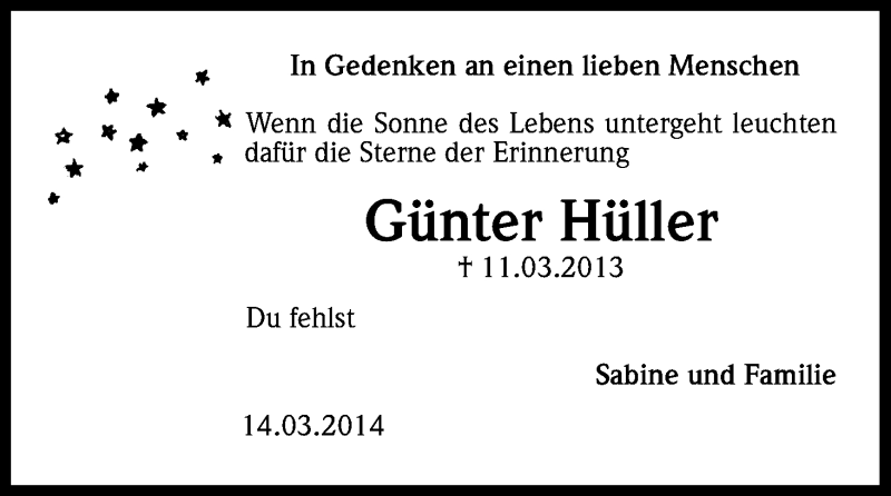  Traueranzeige für Günter Hüller vom 11.03.2014 aus Kölner Stadt-Anzeiger / Kölnische Rundschau / Express