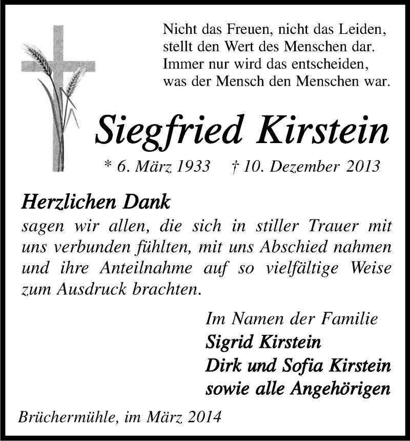  Traueranzeige für Siegfried Kirstein vom 08.03.2014 aus Kölner Stadt-Anzeiger / Kölnische Rundschau / Express