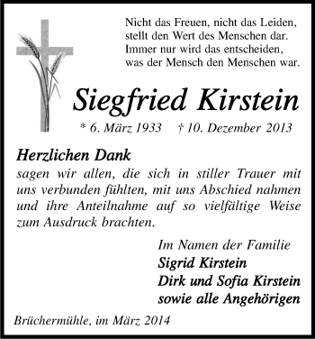 Anzeige von Siegfried Kirstein von Kölner Stadt-Anzeiger / Kölnische Rundschau / Express