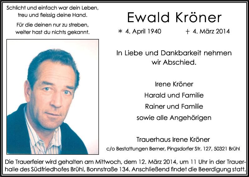  Traueranzeige für Ewald Kröner vom 08.03.2014 aus Kölner Stadt-Anzeiger / Kölnische Rundschau / Express
