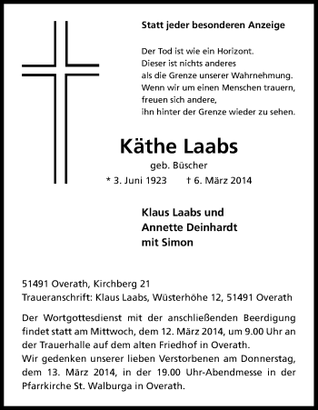 Anzeige von Käthe Laabs von Kölner Stadt-Anzeiger / Kölnische Rundschau / Express