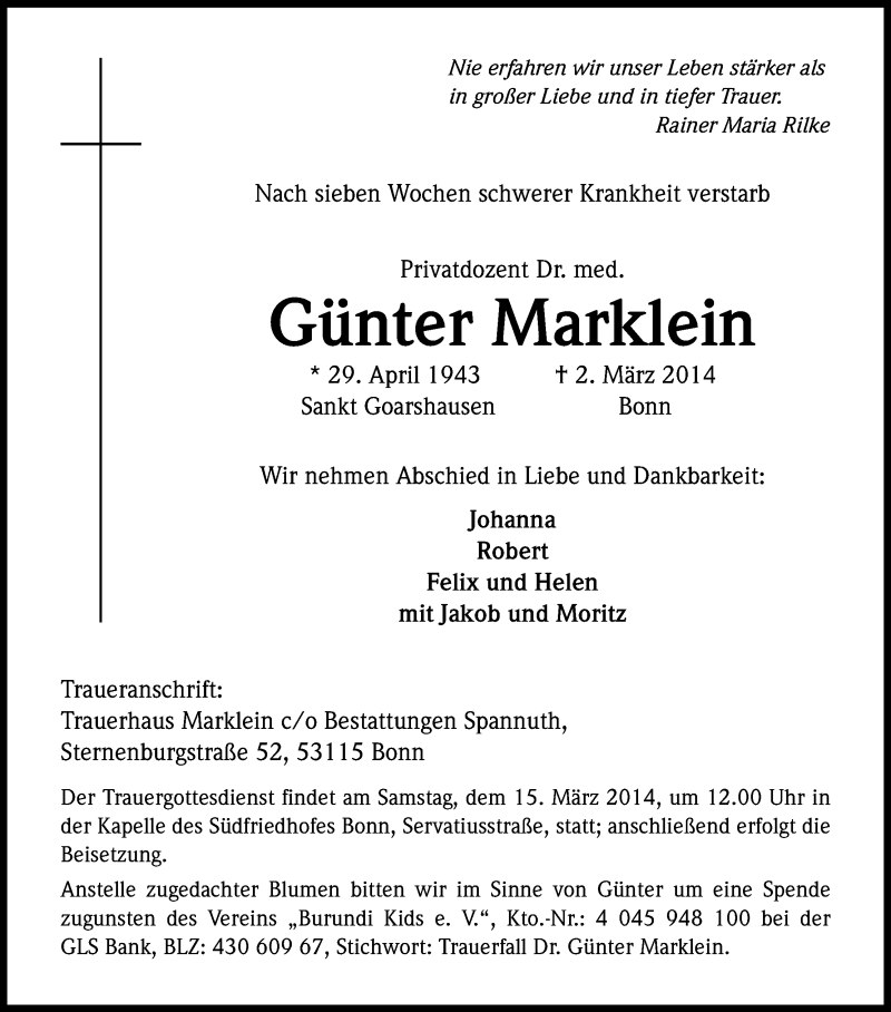  Traueranzeige für Günter Marklein vom 08.03.2014 aus Kölner Stadt-Anzeiger / Kölnische Rundschau / Express