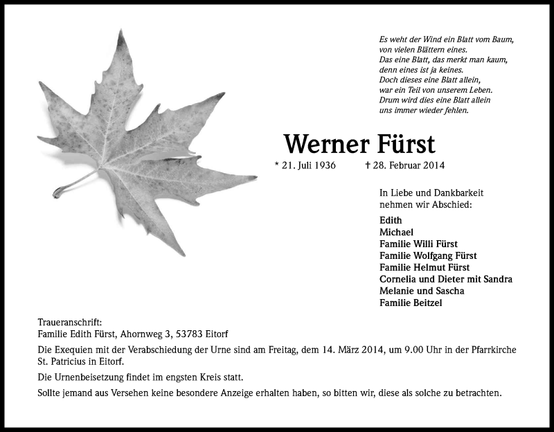  Traueranzeige für Werner Fürst vom 08.03.2014 aus Kölner Stadt-Anzeiger / Kölnische Rundschau / Express