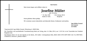 Anzeige von Josefine Müller von Kölner Stadt-Anzeiger / Kölnische Rundschau / Express