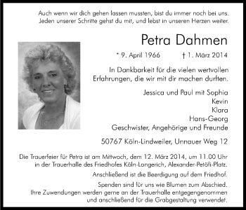 Anzeige von Petra Dahmen von Kölner Stadt-Anzeiger / Kölnische Rundschau / Express