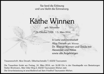 Anzeige von Katharina Winnen von Kölner Stadt-Anzeiger / Kölnische Rundschau / Express