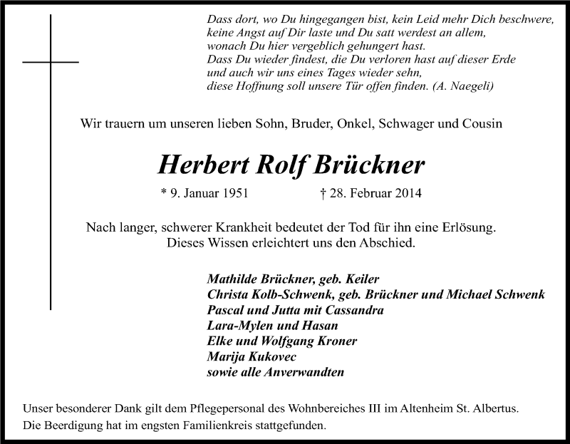  Traueranzeige für Herbert Rolf Brückner vom 08.03.2014 aus Kölner Stadt-Anzeiger / Kölnische Rundschau / Express