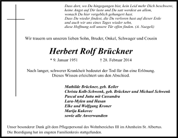 Anzeige von Herbert Rolf Brückner von Kölner Stadt-Anzeiger / Kölnische Rundschau / Express