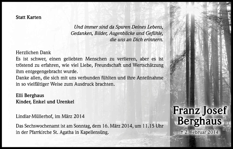  Traueranzeige für Franz Josef Berghaus vom 08.03.2014 aus Kölner Stadt-Anzeiger / Kölnische Rundschau / Express