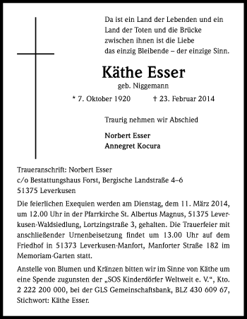 Anzeige von Käthe Esser von Kölner Stadt-Anzeiger / Kölnische Rundschau / Express