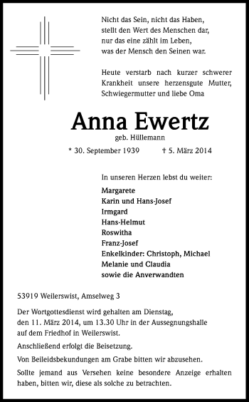 Anzeige von Anna Ewertz von Kölner Stadt-Anzeiger / Kölnische Rundschau / Express