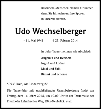 Anzeige von Udo Wechselberger von Kölner Stadt-Anzeiger / Kölnische Rundschau / Express