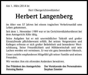 Anzeige von Herbert Langenberg von Kölner Stadt-Anzeiger / Kölnische Rundschau / Express