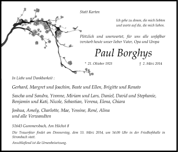 Anzeige von Paul Borghys von Kölner Stadt-Anzeiger / Kölnische Rundschau / Express