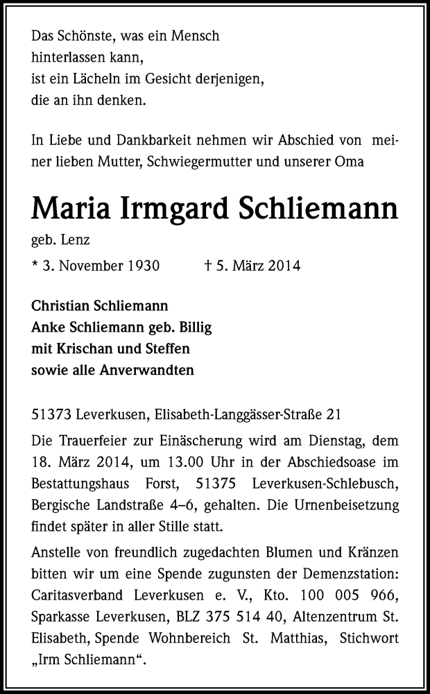  Traueranzeige für Maria Irmgard Schliemann vom 08.03.2014 aus Kölner Stadt-Anzeiger / Kölnische Rundschau / Express