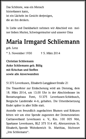 Anzeige von Maria Irmgard Schliemann von Kölner Stadt-Anzeiger / Kölnische Rundschau / Express
