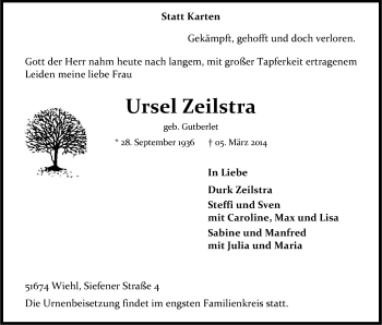 Anzeige von Ursel Zeilstra von Kölner Stadt-Anzeiger / Kölnische Rundschau / Express